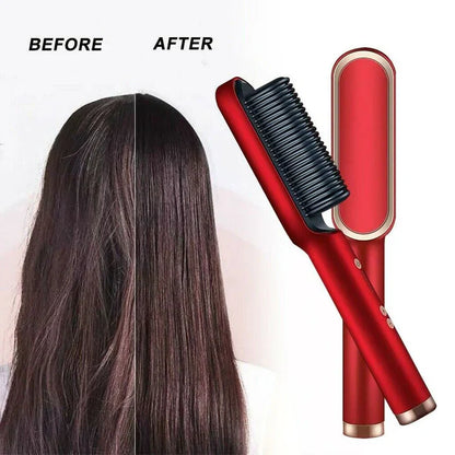 Professional Electric Hair Straightener Brush Heated Comb Straight & Curly Styling Tool