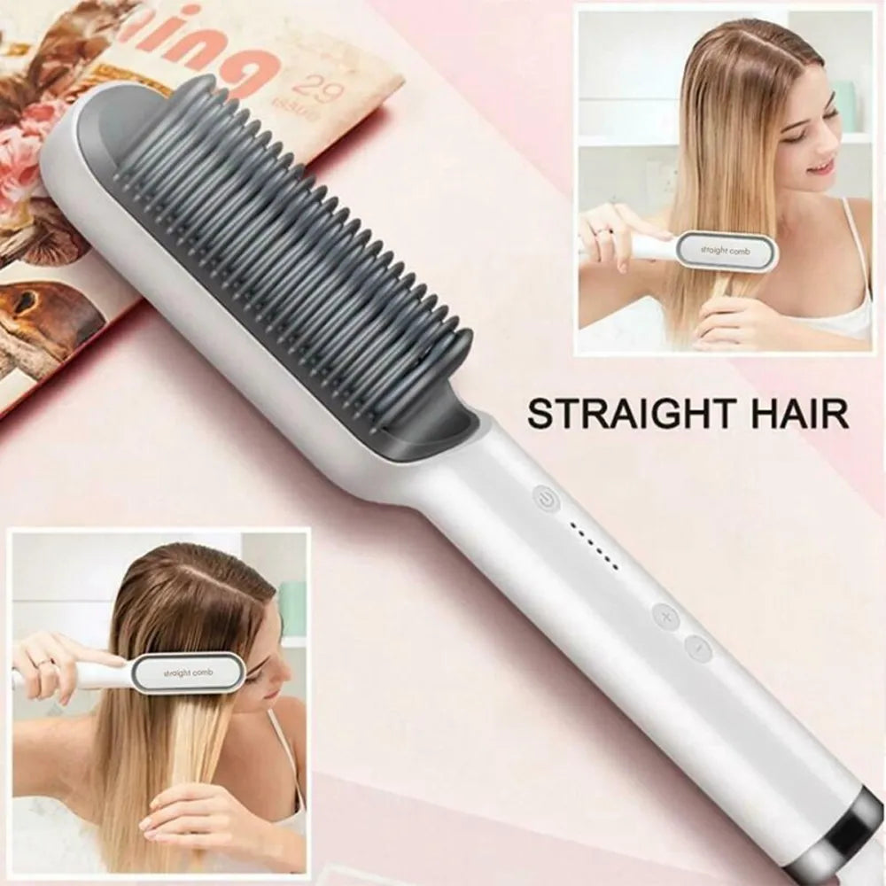 Professional Electric Hair Straightener Brush Heated Comb Straight & Curly Styling Tool